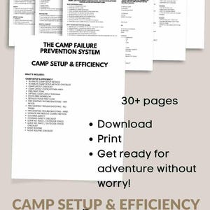 May include: A collection of printable camping checklists and guides, including a camp setup and efficiency guide, cooking safety checklist, and night routine checklist. The bundle includes over 30 pages and is available for download and print.