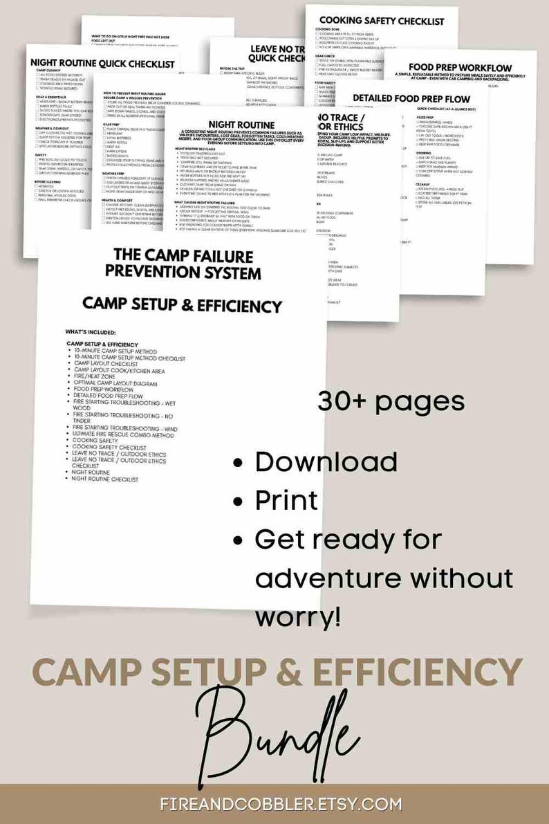 May include: A collection of printable camping checklists and guides, including a camp setup and efficiency guide, cooking safety checklist, and night routine checklist. The bundle includes over 30 pages and is available for download and print.