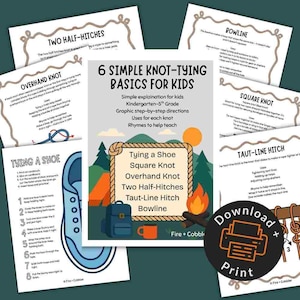 Op de afbeelding: Educatieve printables voor kinderen met de basis van knopen leggen. De afbeelding bevat instructies voor het strikken van een schoen, een vierkante knoop, een overhandse knoop, twee halve steken, een taut-line hitch en een paalsteek. Het ontwerp heeft een kampeerthema.