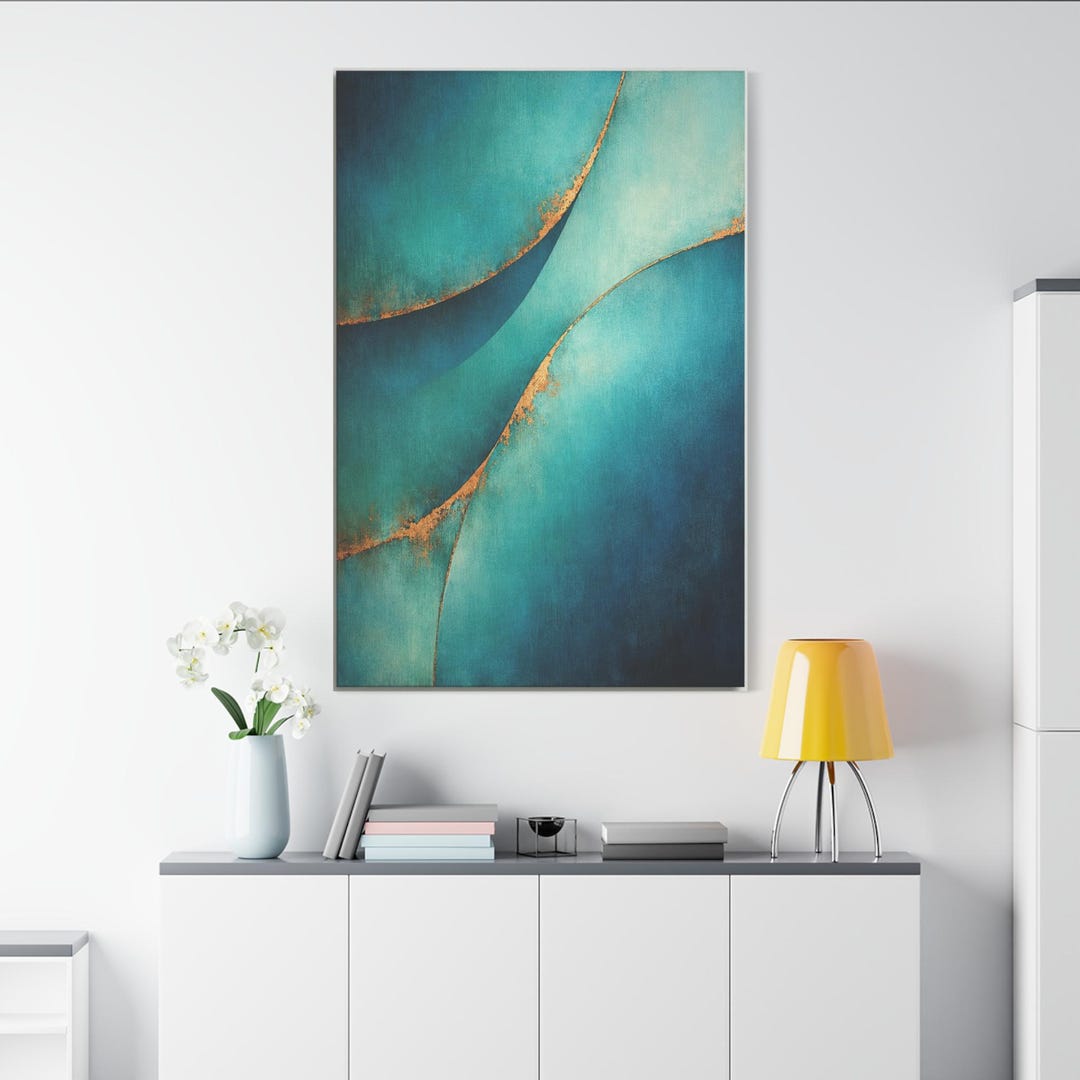 Teal Abstract Canvas Wall Art With Gold Effect Accents, Modern Coastal ...
