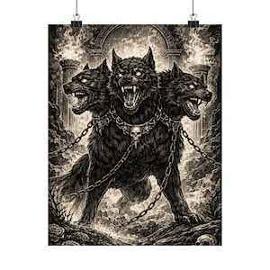 Póster de Cerbero / Impresión del Perro del Infierno de Hades de tres cabezas, grabado gótico del Inframundo de la mitología griega, arte mural de Dark Academia