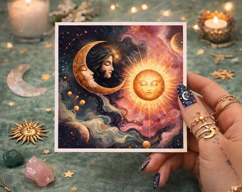 Celestial Sun Moon Goddess Print, Spiritual Boho Bedroom Art Poster
