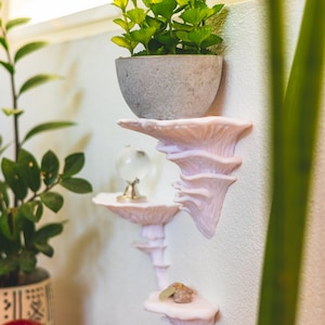 Op de afbeelding: Een set van drie witte, paddenstoelvormige wandplanken met een kleine plant in een pot op de bovenste plank, een glazen bol op de middelste plank en een kleine steen op de onderste plank.