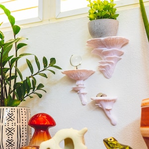 Op de afbeelding: Drie witte, paddenstoelvormige planken gemonteerd aan een witte muur. De bovenste plank heeft een kleine groene plant in een pot. De middelste plank heeft een heldere glazen bol. De onderste plank heeft een paar kleine stenen. Een rood paddenstoelbeeldje, een wit schedelbeeldje en een groene kikkerbeeldje staan op een houten tafel op de voorgrond.