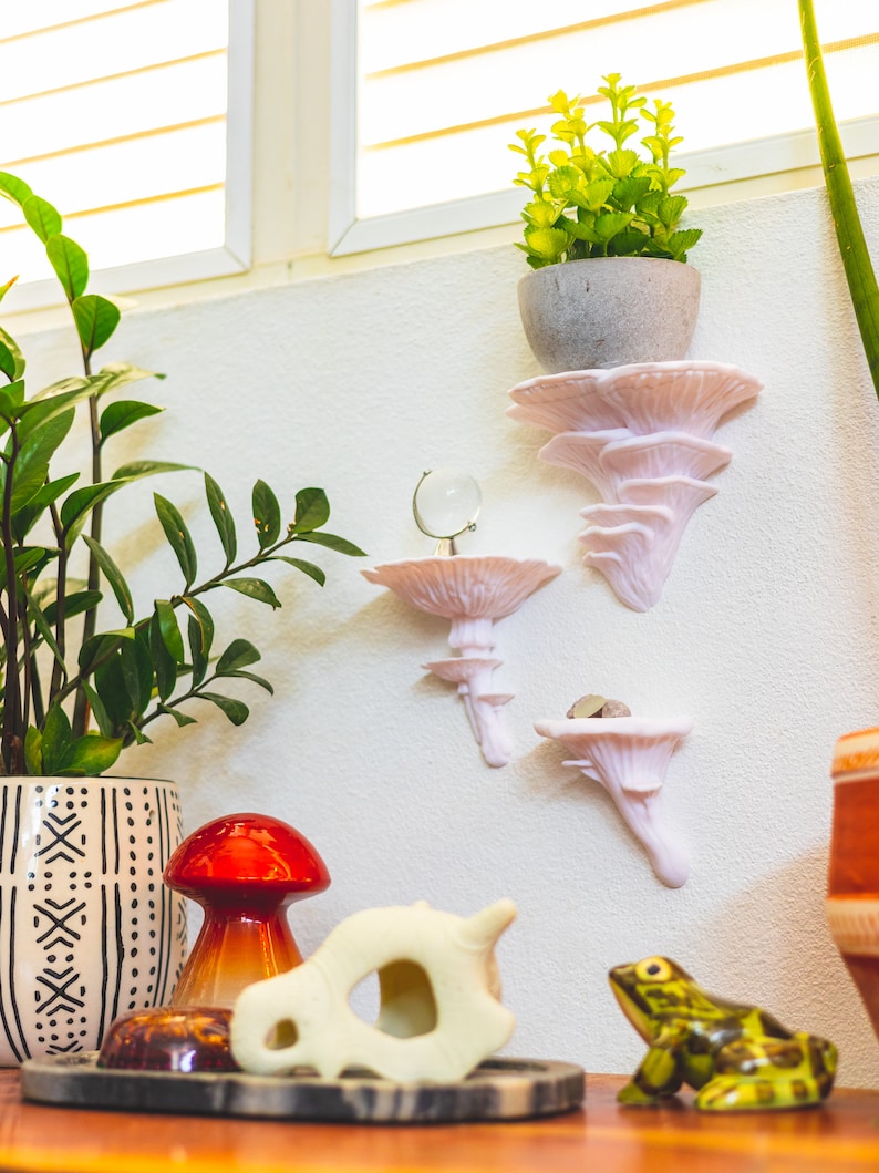 Op de afbeelding: Drie witte, paddenstoelvormige planken gemonteerd aan een witte muur. De bovenste plank heeft een kleine groene plant in een pot. De middelste plank heeft een heldere glazen bol. De onderste plank heeft een paar kleine stenen. Een rood paddenstoelbeeldje, een wit schedelbeeldje en een groene kikkerbeeldje staan op een houten tafel op de voorgrond.