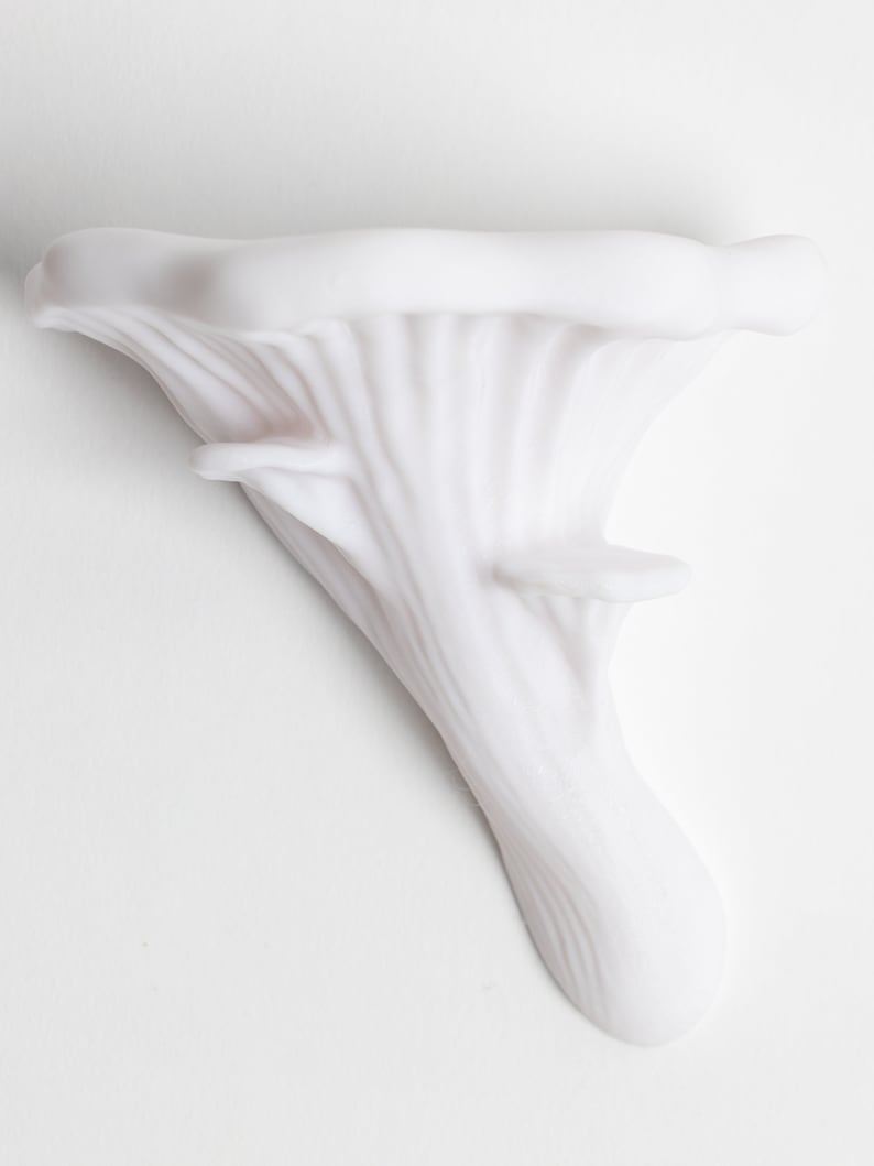 Op de afbeelding: Witte keramische sculptuur van een paddenstoel met een getextureerd oppervlak.