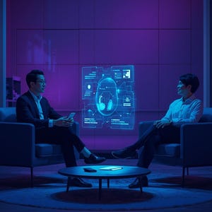 May include: Two people in a modern office setting, seated in armchairs, engaged in a discussion. A digital display with a graphic of headphones is visible. The room is illuminated with blue and purple lighting, creating a futuristic ambiance.