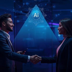 May include: A business setting with two people shaking hands. A blue triangle with the letters "Ai" is above them. The man on the left is holding a phone. Both are wearing business attire. The background is a modern office with blue and purple lighting.