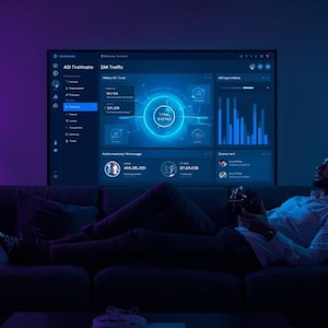 Puede incluir: Una persona reclinada en un sofá oscuro, mirando una gran pantalla que muestra visualizaciones de datos. La habitación está iluminada con iluminación ambiental púrpura y azul. Una planta es visible en el lado izquierdo de la imagen.