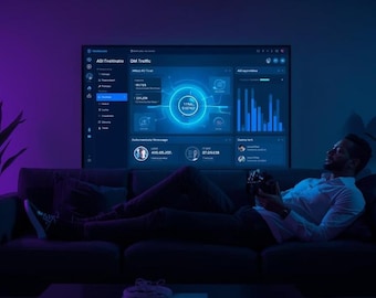May include: A person reclining on a dark sofa, looking at a large screen displaying data visualizations. The room is lit with purple and blue ambient lighting. A plant is visible on the left side of the image.