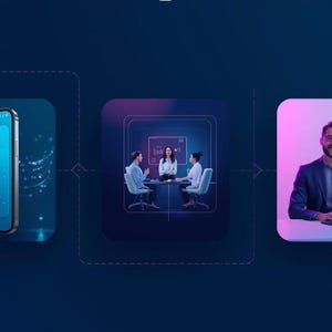 Op de afbeelding: Digitale illustratie die een zakelijk concept weergeeft. De afbeelding toont een smartphone met een agenda-app, een vergadering met drie personen en een man met een laptop. De achtergrond is een verloop van blauw en paars.