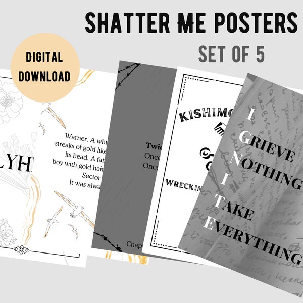 Shatter Me Posters Set of 5, Digital Printable Art, Book Inspired Wall Decor, Instant Download