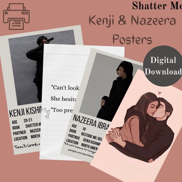 Shatter Me Kenji and Nazeera Posters, Set of 4, Instant Download, Aesthetic Decor, Unique Wall Art