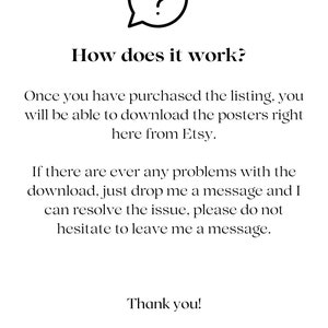 May include: A question mark in a speech bubble with the text "How does it work?"  Once you have purchased the listing, you will be able to download the posters right here from Etsy. If there are ever any problems with the download, just drop me a message and I can resolve the issue, please do not hesitate to leave me a message. Thank you!