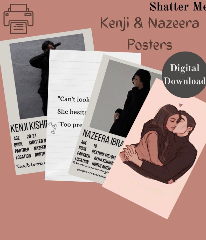 Shatter Me Kenji and Nazeera Posters, Set of 4, Instant Download, Aesthetic Decor, Unique Wall Art image 1