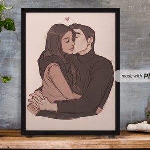 May include: A framed illustration of a couple embracing and kissing. The woman is wearing a brown sweater and the man is wearing a black turtleneck. The background is a light pink color.