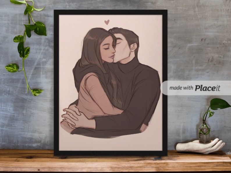May include: A framed illustration of a couple embracing and kissing. The woman is wearing a brown sweater and the man is wearing a black turtleneck. The background is a light pink color.