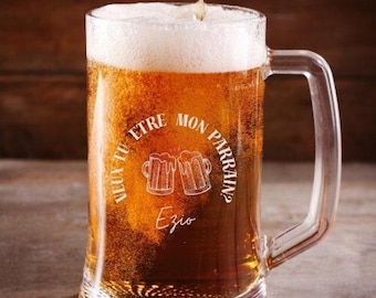 Chôpe bière personnalisée/ demande parrain/ fête des pères/ cadeau parrain / baptême / verre bière gravure personnalisée