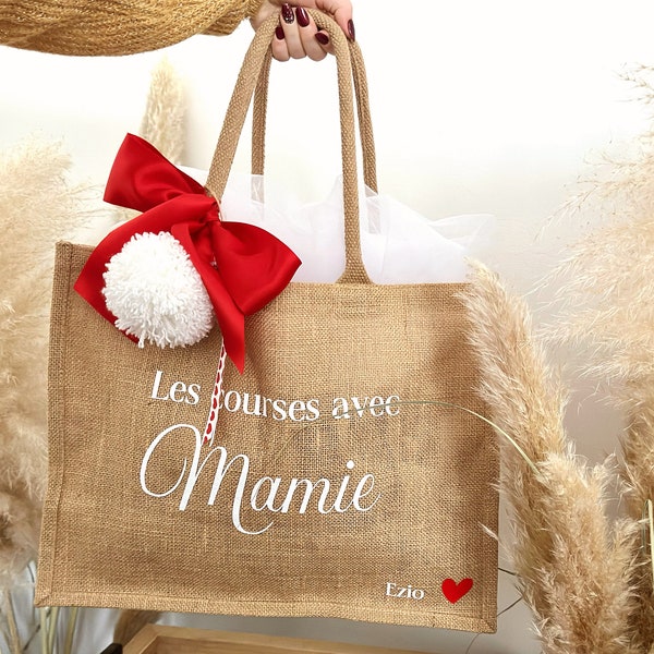 sac cabas toile de jute personnalisé, sac fourre tout de plage personnalisé mamie, maman, marraine, sac cadeau personnalisé famille