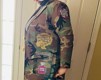 Vintage Camo Trench Coat with Empowering Patches