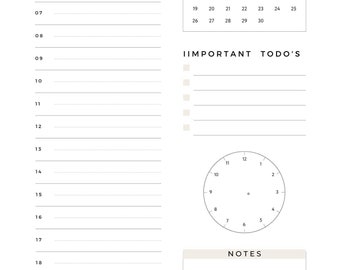 May include: A digital planner with a calendar, a clock, and a section for important to-dos and notes. The calendar shows the month of August with the days of the week labeled M, D, M, D, F, S, S.
