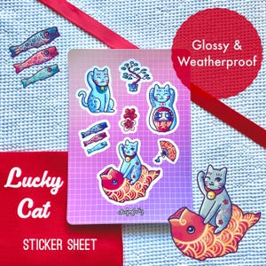 Feuille d'autocollants pour chat porte-bonheur | Feuille d'autocollants chat | Stickers téléphone portable bouteille d'eau pour ordinateur portable | Chat porte-bonheur japonais