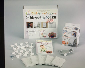 May include: A childproofing kit with a variety of safety products, including cabinet locks, toilet lid locks, and drawer latches. The kit also includes a manual with instructions on how to use the products. The box is labeled "Childproofing 101 Kit" and "Professional Grade".