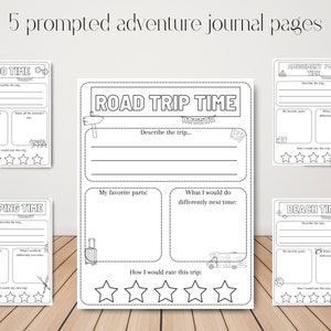 May include: Five printable black and white journal pages for kids to record their adventures at the zoo, on a road trip, at an amusement park, while camping, and at the beach. Each page includes space to describe the trip, list favorite parts, and rate the experience with stars.