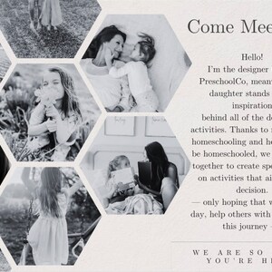 Puede incluir: Collage de fotos en blanco y negro de una madre y su hija. La madre es la dise&ntilde;adora detr&aacute;s de PreschoolCo, una empresa que crea actividades educativas para familias que educan en casa. El texto en la imagen dice "&iexcl;Ven a conocernos!" y "Estamos tan felices de que est&eacute;s aqu&iacute;."