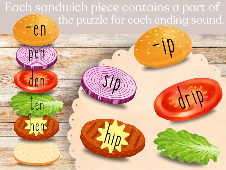 May include: A colorful illustration of a hamburger with different parts of the word "pen", "den", "ten", and "hen" on each layer. The top bun has the word "en" on it. The bottom bun is plain. The image is part of a puzzle for learning ending sounds.