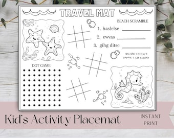 Kids Printable Beach Placemat, Printable Restaurant Games for Kids, Beach Themed Activity Page, Restaurant Activity Mat, Word Scramble