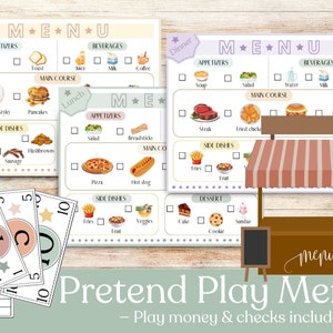 Faire semblant de jouer aux menus de restaurant, menus de jeu de cuisine pour les enfants, menus imprimables pour faire semblant de jouer, école à la maison, accessoires d’imagination, jeu dramatique