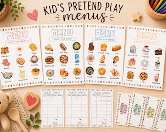 Kids Printable Play Menus, Breakfast Menu, Lunch Menu, Dinner Menu, Dessert Menu, Dramatic Play, Pretend Food Menus for Kids, Pretend Play