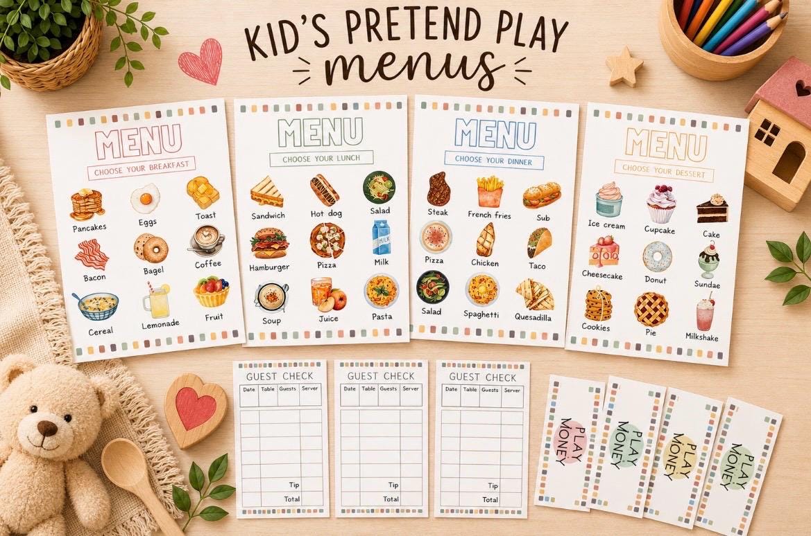 Kids Printable Play Menus, Breakfast Menu, Lunch Menu, Dinner Menu ...