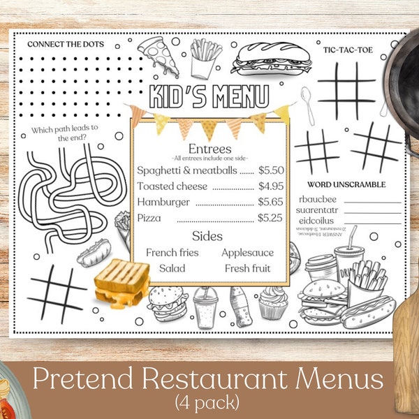 Printable Menus for Pretend Play, Dramatic Play, Imagination Props, Kitchen Play Menus for Kids, Pretend Play Restaurant Menus, Homeschool