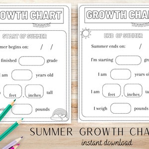 May include: Printable growth chart for kids to track their height and weight at the start and end of summer. The chart includes space to record their grade, age, height in feet and inches, and weight in pounds. The chart is decorated with a sun and rainbow.