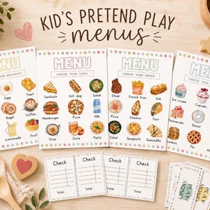 Pretend Play Restaurant Menus Printable | Dramatic Play Kitchen Set for Kids | Imagination Play Props | Homeschool Activity | Kids Menu Set