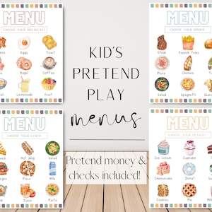 Menús de juegos imprimibles para niños, Menú de desayuno, Menú de almuerzo, Menú de cena, Menú de postres, Juego dramático, Menús de comida simulada para niños, Juego de simulación