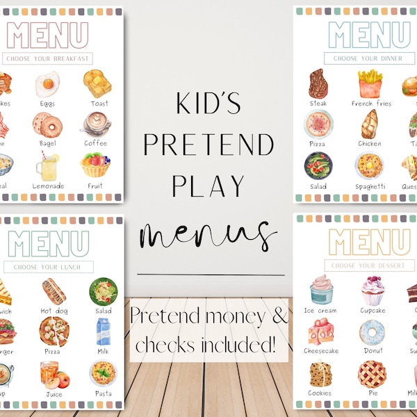 Kids Printable Play Menus, Breakfast Menu, Lunch Menu, Dinner Menu, Dessert Menu, Dramatic Play, Pretend Food Menus for Kids, Pretend Play