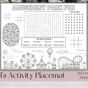 Puede incluir: Un mantel individual de actividades imprimible en blanco y negro para ni&ntilde;os con tem&aacute;tica de parque de atracciones. El mantel individual incluye un laberinto, una b&uacute;squeda de palabras, un juego de unir puntos y una imagen de un parque de atracciones con una noria, una monta&ntilde;a rusa, algod&oacute;n de az&uacute;car y un globo aerost&aacute;tico.