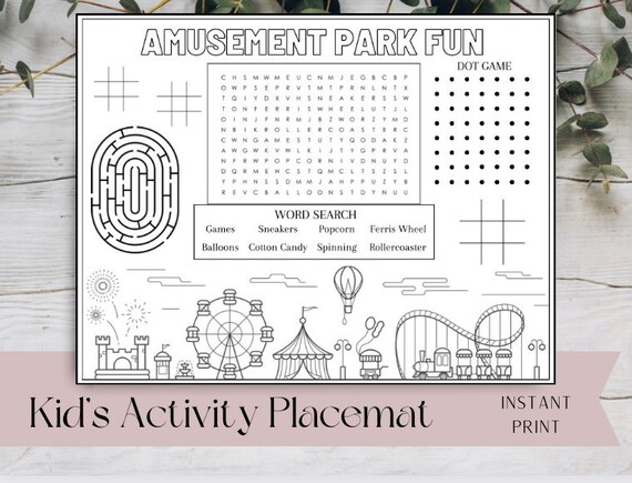 Printable Amusement Park Activity Page for Kids, Kid Activity Mat, Restaurant Placemat for Kids, Activity Placemat, Tic Tac Toe, Word Search