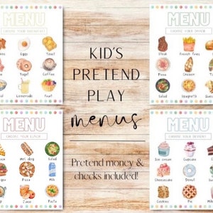 Menús imprimibles para juegos de simulación, accesorios de imaginación, menús de restaurantes de juegos de simulación, juegos dramáticos, menús de juegos de cocina para niños, educación en el hogar
