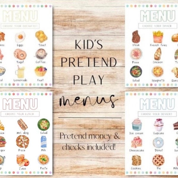 Printable Menus for Pretend Play, Imagination Props, Pretend Play Restaurant Menus, Dramatic Play, Kitchen Play Menus for Kids, Homeschool