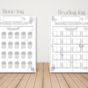 May include: Black and white printable summer activity log for kids. The left side features a movie log with popcorn and the right side features a reading log with books.