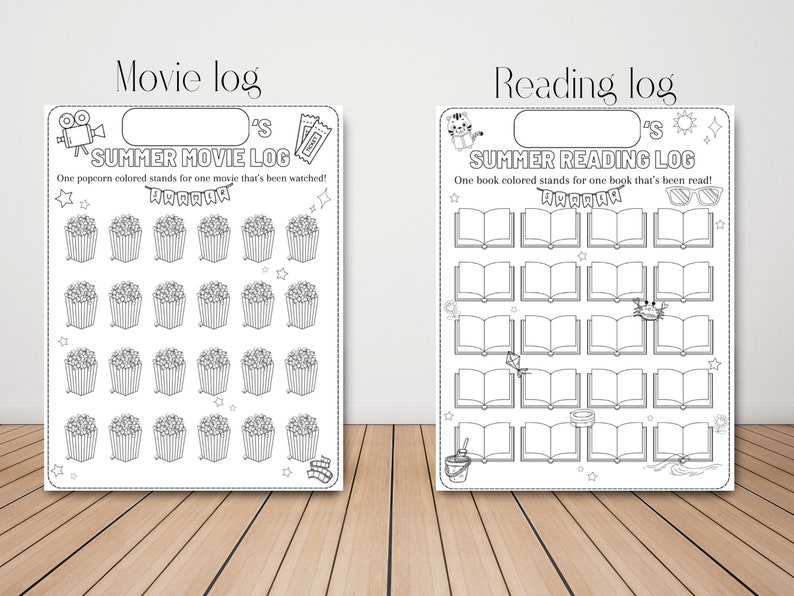 May include: Black and white printable summer activity log for kids. The left side features a movie log with popcorn and the right side features a reading log with books.