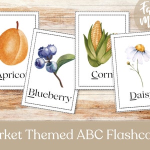 Flashcards temáticos do Farmer's Market, cartões de alfabeto em aquarela, cartões ABC para crianças, recursos de aprendizagem, cartões escolares em casa, pré-escola
