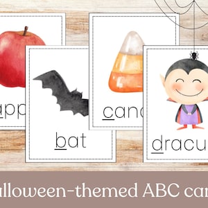 Flashcards ABC com tema de Halloween para crianças, Flashcards do alfabeto, recursos escolares em casa, aquarela, cartões infantis de Halloween, cartões ABC assustadores