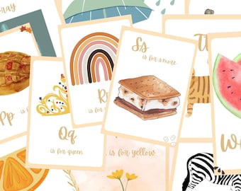 Boho Styled Preschool Alphabet Flashcards, Muted Colors, Learn My ABC’s, ABC Cards for Learning Kids, Homeschool Activities, Montessori
