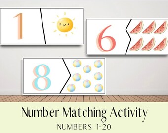 May include: A set of printable number matching cards featuring a sun, watermelons, and beach balls. The cards are designed for a number matching activity for children learning numbers 1-20.