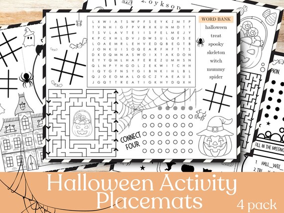 Halloween Activity Placemats, Restaurant Activity Placemats for Kids, Kids Travel Placemats, Halloween Activities, Pen and Paper Games